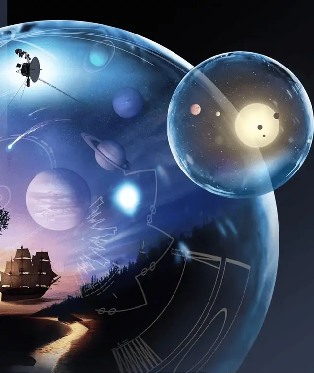 système solaire sur globe céleste avec caravelle et sonde voyager